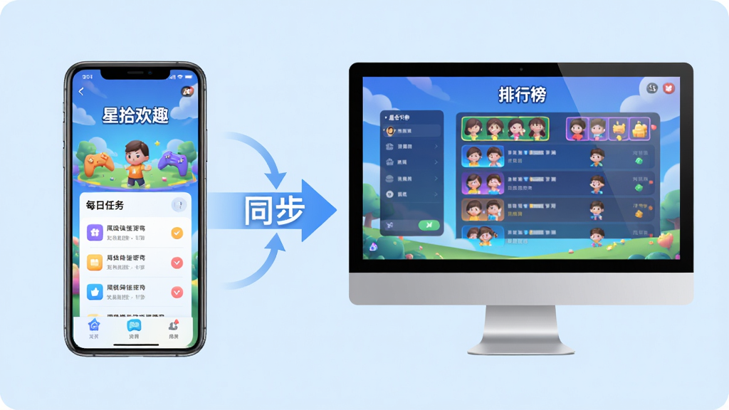 主体:一部智能手机和一台电脑并排摆放,屏幕上都显示“星拾欢趣”应用的游戏界面。布局:手机在左,电脑在右,中间有箭头和“同步”字样。排版:屏幕内容清晰,色彩明亮,背景为淡蓝色。风格:科技感与现代感结合。细节:手机屏幕中显示“每日任务”界面,电脑屏幕显示“排行榜”界面。画质:高清,干净,无多余元素。
