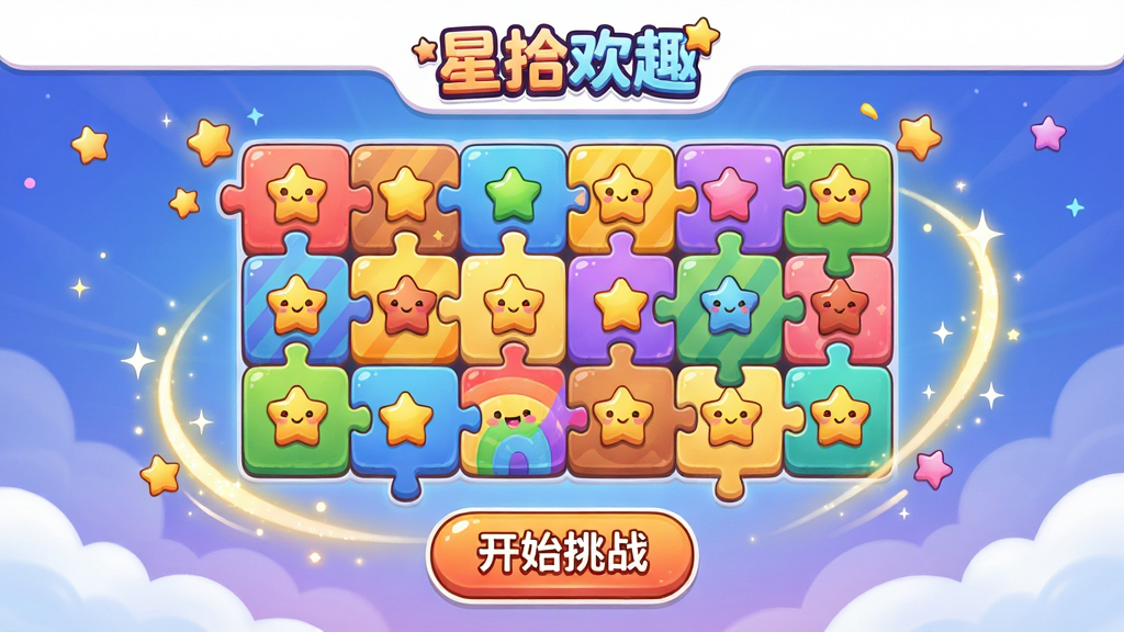 主体:“星拾欢趣”应用内的趣味小游戏界面,展示一个色彩斑斓的拼图挑战场景。布局:游戏界面占据画面主体,上方有“星拾欢趣”Logo,下方有开始按钮。排版:拼图块排列有序,颜色鲜艳,有星星点缀。风格:卡通可爱,细节丰富。细节:界面中有动态光效,拼图块上有笑脸图案,按钮上写有“开始挑战”。画质:高清,干净,无多余元素。