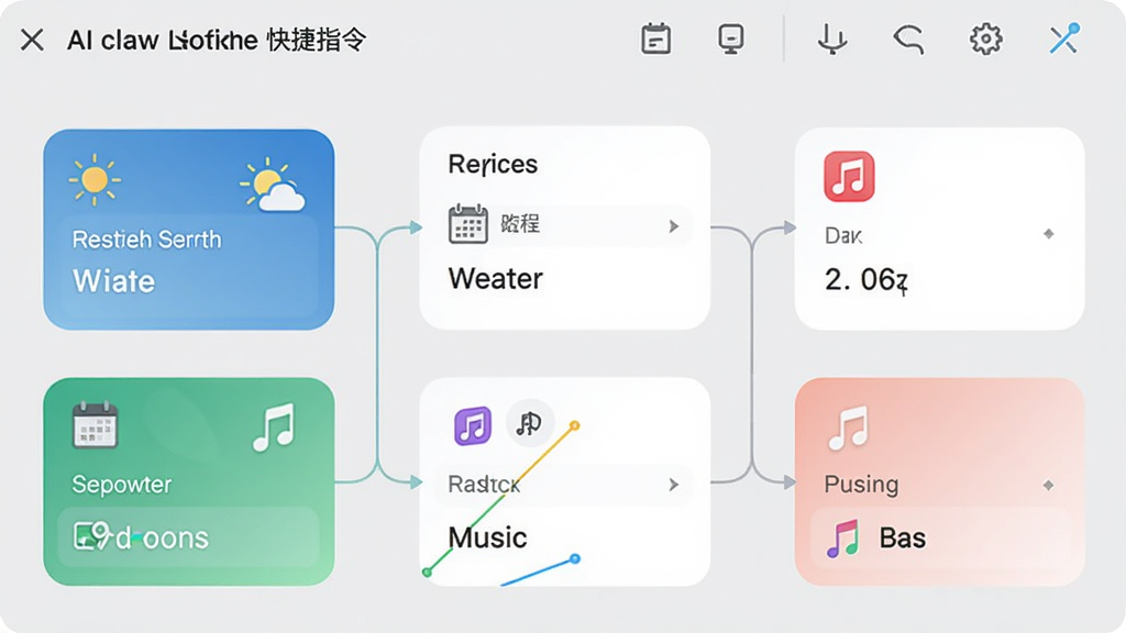 展示AI claw智能助理快捷指令编辑界面的截图,界面上有多个功能模块卡片,包括天气、日程、音乐等,通过线条连接,形成流程,背景为浅灰色,风格简约商务,画质清晰,无多余元素