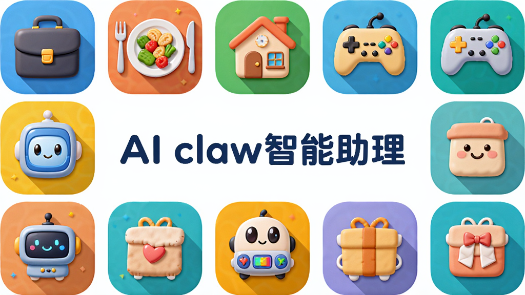 主体:AI claw智能助理多场景应用图标集合,包含工作、生活、娱乐等元素。布局:图标以网格形式排列,中央显示软件名称“AI claw智能助理”。排版:图标大小统一,色彩丰富,布局整齐。风格:矢量插画风格,圆润可爱。细节:每个图标代表不同场景,如公文包、餐盘、游戏手柄等。画质:高饱和度,干净,无多余元素。