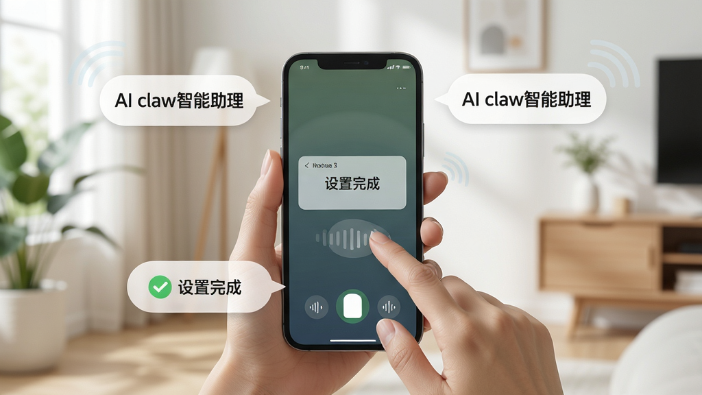 主体:AI claw智能助理使用场景,用户正在手机上进行语音操作。布局:手机位于画面中央,周围有提示气泡。排版:气泡内显示“AI claw智能助理”字样,以及“设置完成”的提示。风格:清新自然风格,背景为简约室内。细节:用户手指点击屏幕,界面清晰。画质:高清,干净,无多余元素。