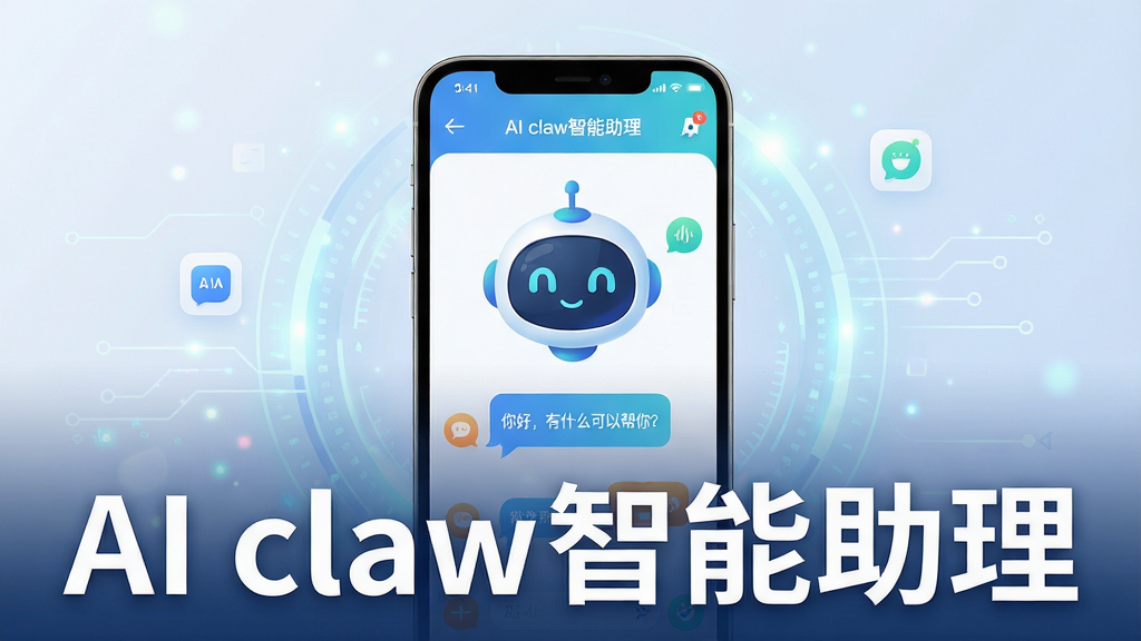 主体:AI claw智能助理界面展示,手机屏幕上有智能语音助手卡通形象与对话气泡。布局:手机居中,屏幕内容清晰,周围有简洁的科技感光效。排版:突出软件名称“AI claw智能助理”字样,整体构图平衡。风格:现代扁平化设计,色彩明亮清新。细节:对话气泡中有“你好,有什么可以帮你?”文字,界面图标精致。画质:高分辨率,干净,无多余元素。