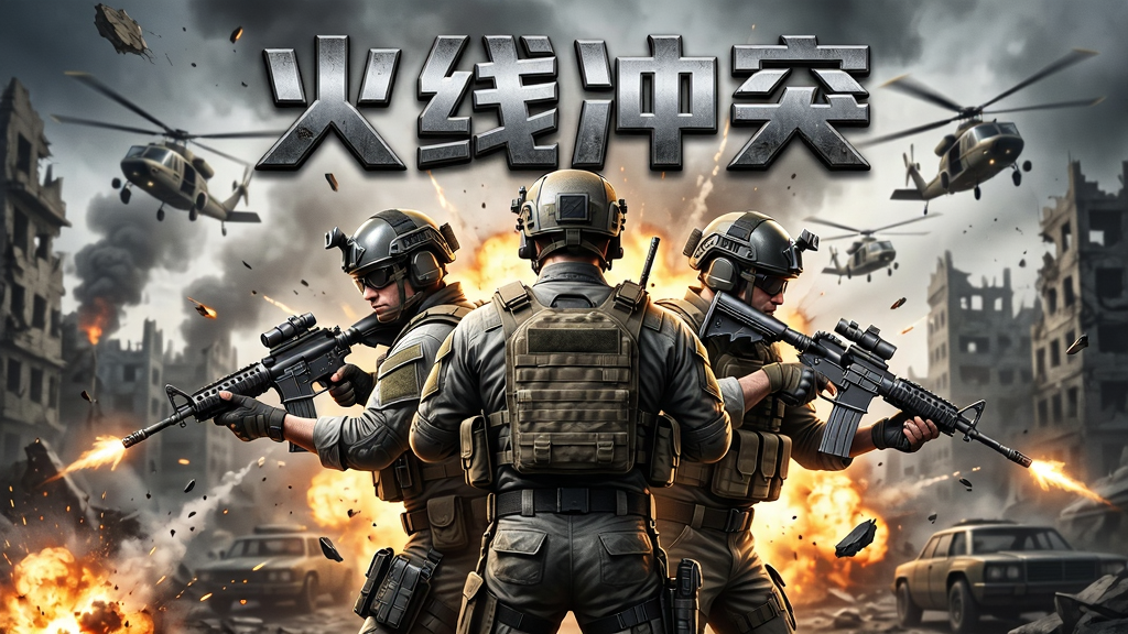 一幅充满现代战争氛围的《火线冲突》游戏宣传图,主体是三位全副武装的精英战士持枪背对背站立,背景是硝烟弥漫的城市废墟与直升机。布局采用中心对称,人物位于画面中央,周围有爆炸火光和飞溅的碎片。排版上,画面顶部中央有艺术字“火线冲突”,字体硬朗带有金属质感。风格写实,光影强烈,细节呈现枪械的金属纹理和战士的战术装备。画质高清,干净无多余元素。