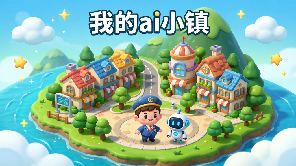 一幅充满活力的《我的ai小镇》游戏宣传插画,画面中央是一座依山傍水的现代童话风格小镇,错落有致的彩色屋顶建筑、绿树成荫的街道、蜿蜒流淌的小河,小镇广场上站立着一位卡通风格的镇长角色和可爱的AI机器人助手,画面四周点缀着漂浮的云朵和闪烁的星星,整体布局饱满,色彩明亮清新,采用Q版卡通渲染风格,细节丰富,展现出温馨、繁荣、充满科技感的游戏氛围,画质高清,干净无多余元素。
