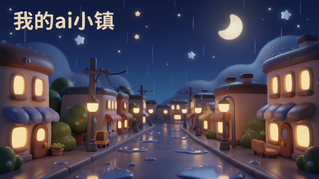 一幅《我的ai小镇》夜景概念图,画面中小镇华灯初上,街道和建筑亮起温暖的黄色灯光,天空是深蓝色,有星星和月亮,下着小雨,地面有积水倒影,整体氛围宁静美好,画质清晰,无多余元素。