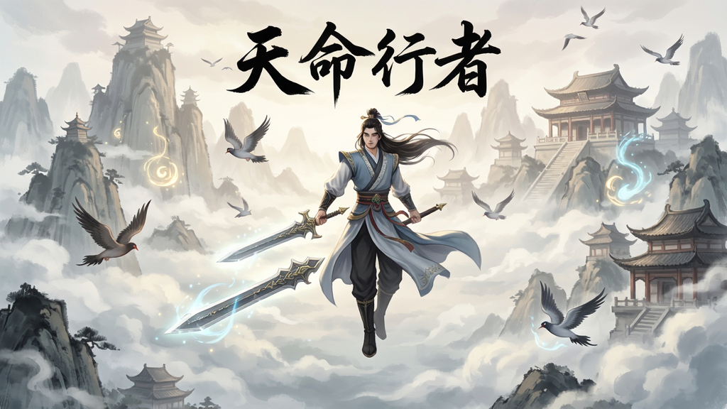 主视觉图,展示天命行者游戏中的仙侠世界,一位主角御剑飞行于云海之上,背景是巍峨仙山与飘渺宫殿,画面采用国风水墨风格,色彩淡雅,光线柔和,突出仙境氛围,构图以主角为中心,周围有飞鸟和灵光点缀,画质细腻干净,无多余元素,图片上文字标注“天命行者”