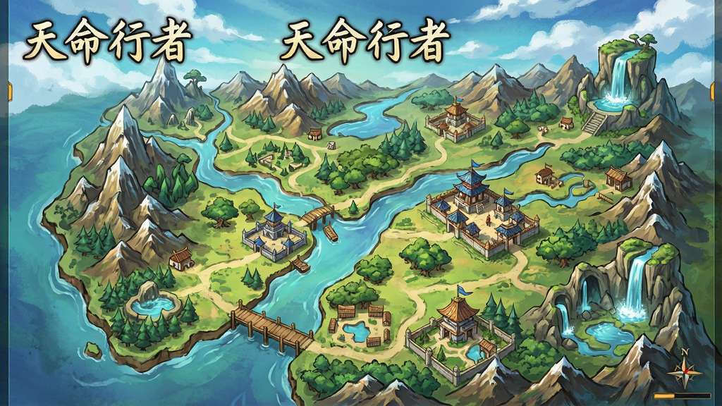 游戏内世界地图截图,展示天命行者的开放区域,包含山川、河流、城镇与秘境,地图上标注“天命行者”字样,风格为仙侠手绘,细节丰富,色彩明亮,布局清晰,画质高清,干净无多余元素