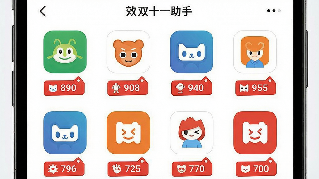 一张展示手机屏幕的截图风格插画,屏幕中显示“双十一助手”聚合并列多个电商平台logo,每个logo下有红色优惠标签,整体布局为网格状,风格简洁现代,细节清晰,画质干净,无多余元素