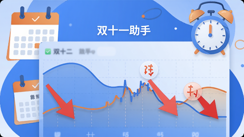 一幅数据可视化风格的插画,主体是“双十一助手”应用中的价格曲线图,图上有红色箭头指向降价点,背景有日历和闹钟图标,布局清晰,风格简约,色彩以蓝色和橙色为主,细节丰富,画质高清,无多余元素