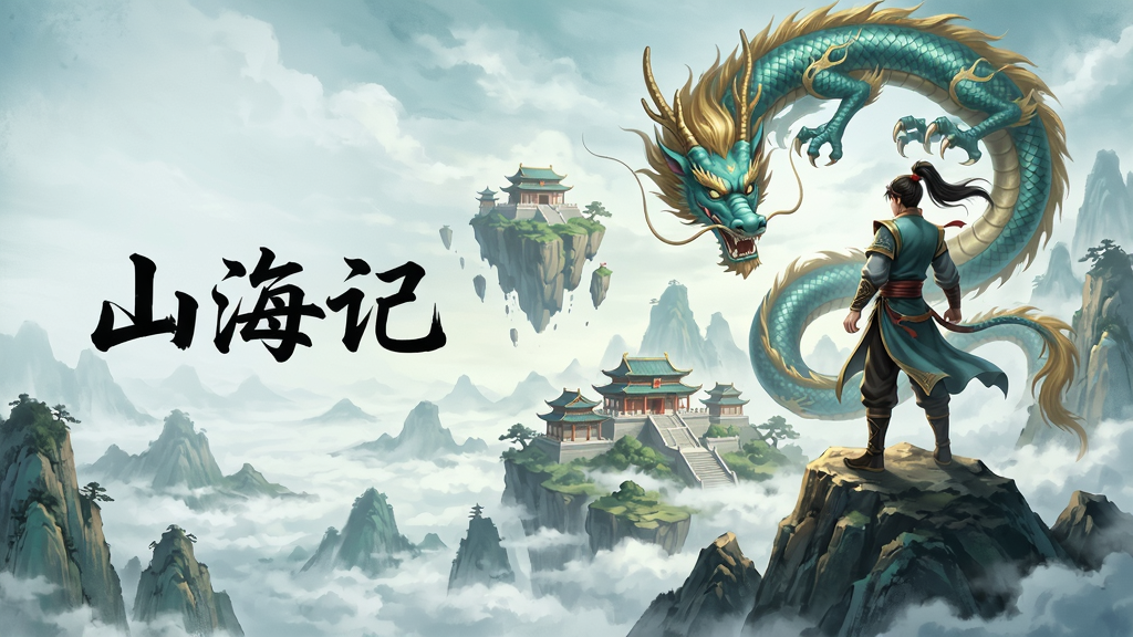 一幅精美的《山海记》游戏宣传海报,主体为游戏主角站在巍峨山巅,俯瞰云雾缭绕的大荒世界,背景有神兽青龙盘旋,远处有悬浮仙山和古代宫殿,布局采用三分法构图,主角位于右侧黄金分割点,左侧留白展现壮阔山河,画面风格为国风水墨与写实结合,色彩以青绿和金色为主,细节丰富,画质高清,干净无多余元素,图片中文字为“山海记”