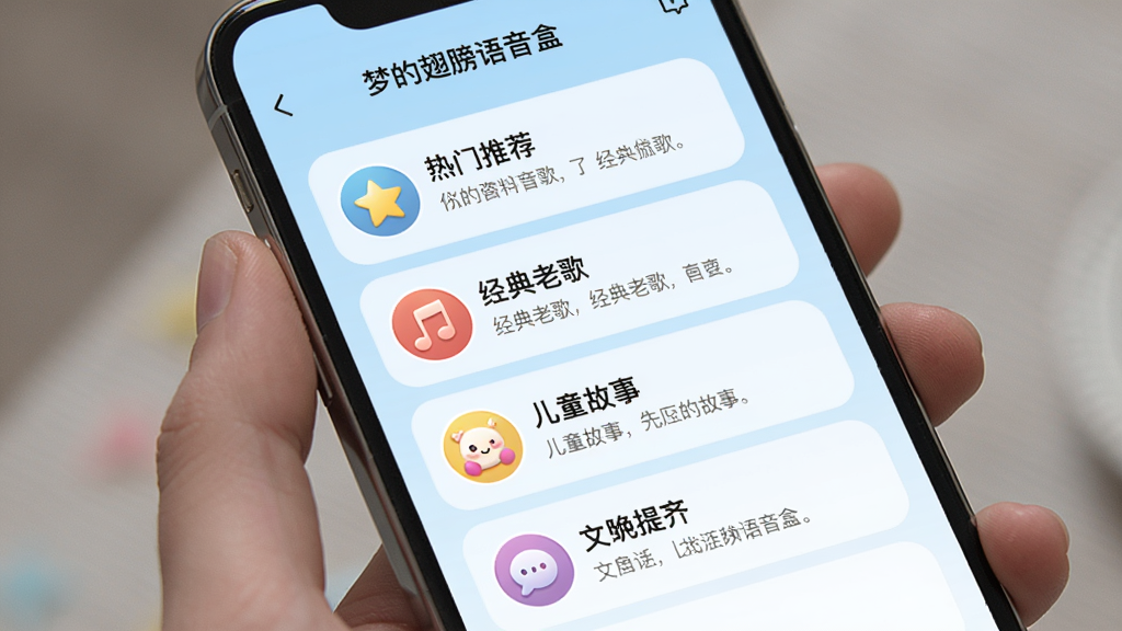 主体为“梦的翅膀语音盒”的音频资源库界面,手机竖屏展示,列表形式呈现多个音频分类,如“热门推荐”、“经典老歌”、“儿童故事”等。排版为单列列表,背景为淡蓝色渐变,风格清新简洁。细节包括每个分类的图标和简介文字,画质干净,无多余元素。