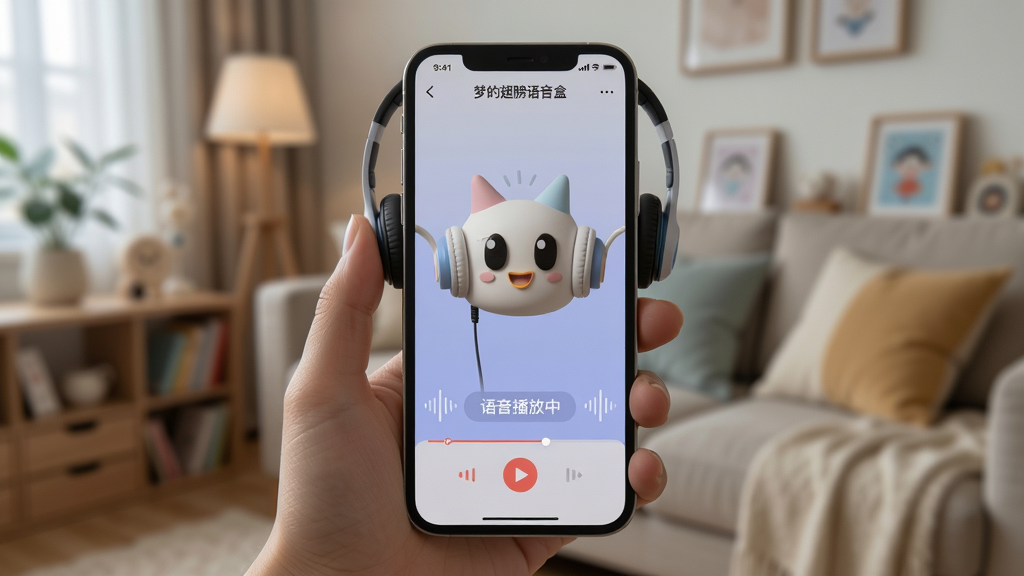 主体为“梦的翅膀语音盒”在手机上的使用场景,手持手机展示软件界面,界面显示“语音播放中”状态。布局为手机居中,背景为模糊的室内环境,风格为实拍照片风格,细节包括耳机和音乐律动效果,画质清晰,无多余元素。