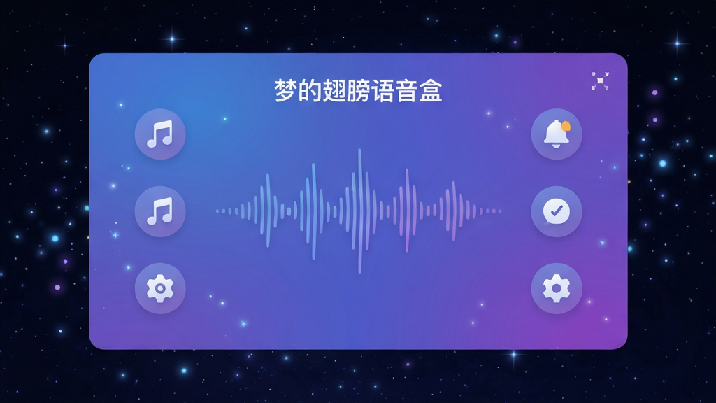 画面主体为“梦的翅膀语音盒”软件界面,居中显示,界面风格为现代扁平化,主色调为梦幻蓝紫色渐变,背景为深色星空,点缀有微光粒子。界面中央有一个语音波形动画,周围分布着音乐、提醒、设置等图标。排版简洁,布局均衡,风格科技感与梦幻感并存,细节丰富,画质高清,干净无多余元素。