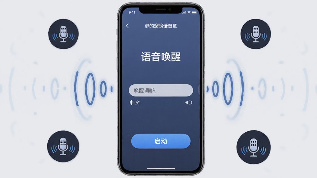 主体为“梦的翅膀语音盒”的语音唤醒功能演示,手机屏幕上显示“语音唤醒”界面,周围有麦克风图标和声波扩散效果。布局为手机居中,屏幕内容清晰可见,背景为简洁的浅灰色,突出界面元素。风格为科技感插画,细节包括唤醒词输入框和启动按钮,画质干净,无多余元素。