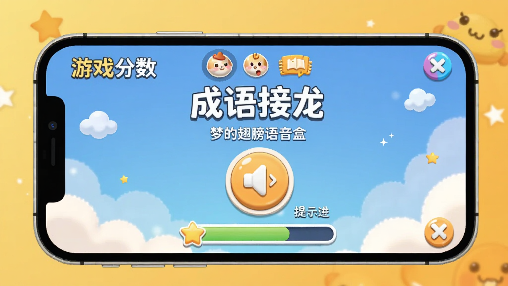 主体为“梦的翅膀语音盒”的语音互动游戏界面,手机屏幕上显示“成语接龙”游戏画面,有语音输入按钮和提示文字。布局为游戏界面居中,背景为暖黄色,营造轻松氛围。风格为卡通风格,细节包括游戏分数和进度条,画质干净,无多余元素。