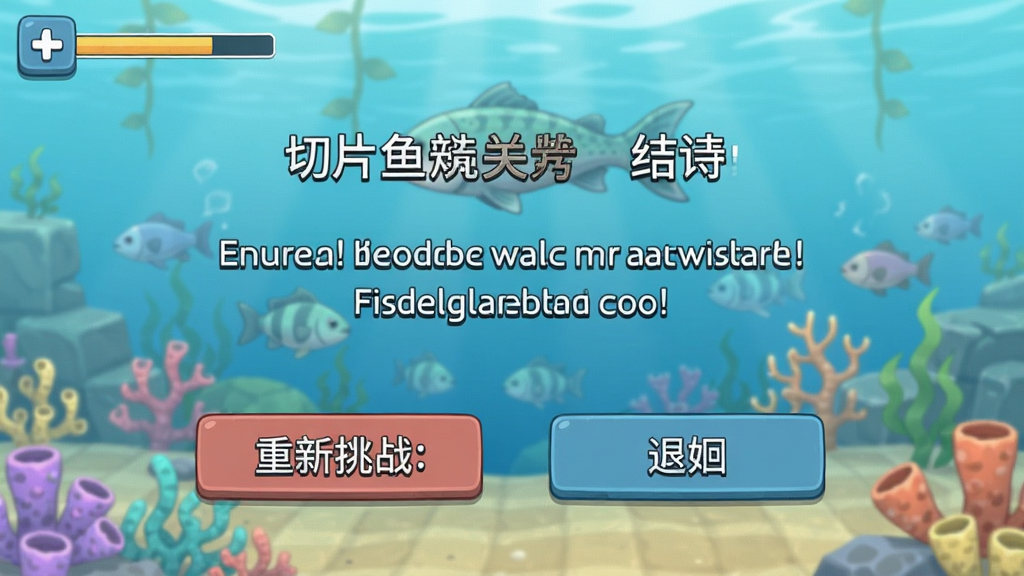 切片鱼游戏内截图,展示一个关卡失败后的结算界面,界面上有重新挑战按钮和返回按钮,界面设计简洁,有鼓励性的文字提示,整体风格清新,画质清晰,无多余元素