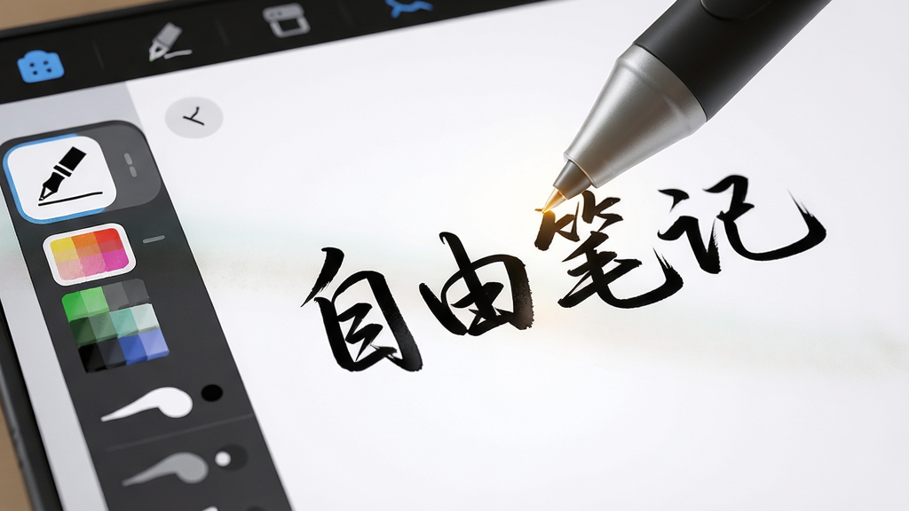 主体:自由笔记的手写界面特写,一支触控笔在屏幕上书写“自由笔记”四个字,笔迹流畅有笔锋;布局:特写镜头,聚焦笔尖和书写区域;排版:左侧有工具栏,显示笔型、颜色和粗细选项;风格:3D渲染风格,质感细腻;细节:笔尖有微光,笔迹有墨迹渐变效果,界面图标清晰;画质:高清,干净,无多余元素