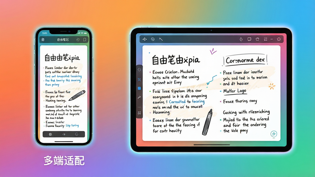 主体:自由笔记在手机和平板上使用的对比图,左侧手机竖屏,右侧平板横屏,显示相同笔记内容;布局:左右对称,背景为渐变色;排版:屏幕上有手写笔迹和工具栏,下方有“多端适配”字样;风格:现代科技风,色彩鲜明;细节:手机屏幕较小但内容清晰,平板屏幕更大显示更多内容,设备边缘有光晕;画质:高清,干净,无多余元素