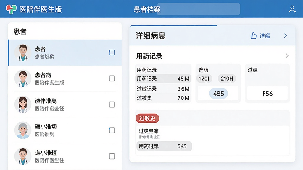 展示医陪伴医生版中“患者档案”功能界面的预览图,左侧为患者列表,右侧为详细病历信息卡片,包含用药记录和过敏史标签,界面采用蓝白配色,数据排列整齐,顶部有“医陪伴医生版”字样,画质清晰,布局专业,无多余装饰元素。