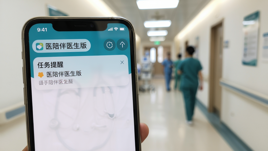 一张医陪伴医生版在手机上使用的实拍图,手机屏幕清晰显示“任务提醒”通知栏,背景为模糊的医院走廊,画面聚焦于手机界面,突出“医陪伴医生版”名称,光线明亮,细节丰富,画质干净,无多余元素。