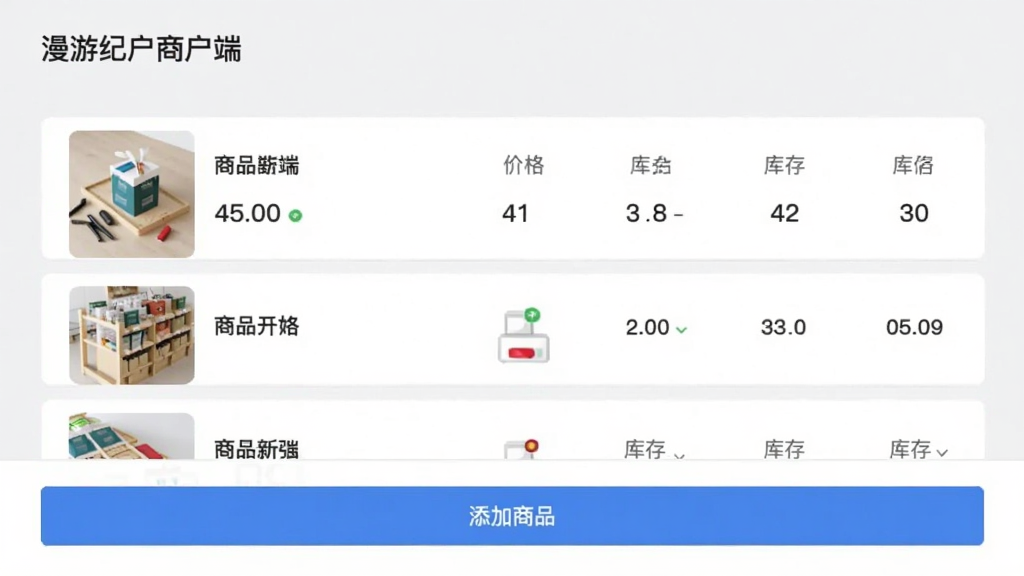 漫游纪商户端商品管理页面,屏幕显示商品列表,每个商品有图片、名称、价格、库存数量,底部有“添加商品”按钮,界面风格简约,以浅灰色背景搭配蓝色按钮,文字清晰,画质干净,无多余元素