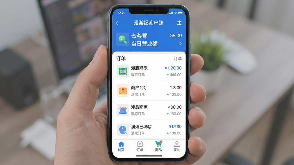 一张智能手机屏幕展示漫游纪商户端主界面,界面设计简洁现代,顶部显示店铺名称和当日营业额,中部为订单列表,底部有首页、订单、商品、我的四个选项卡,整体布局清晰,色彩以蓝色和白色为主,画质干净,无多余元素,文字标注“漫游纪商户端”