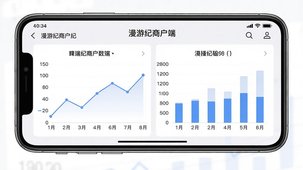 一张手机横屏截图,显示漫游纪商户端的数据报表页面,屏幕上有折线图和柱状图,背景为浅色,文字清晰,整体风格专业,画质干净,无多余元素