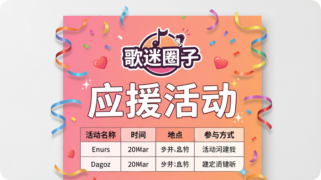主体为一张活动海报设计图,中央是“歌迷圈子”LOGO和“应援活动”四个大字,下方排列着活动信息表格,包括活动名称、时间、地点、参与方式。布局采用居中对称,背景为粉色与橙色渐变,风格清新活泼,细节包括飘落的彩带和爱心图标,文字清晰,画质干净,无多余元素。