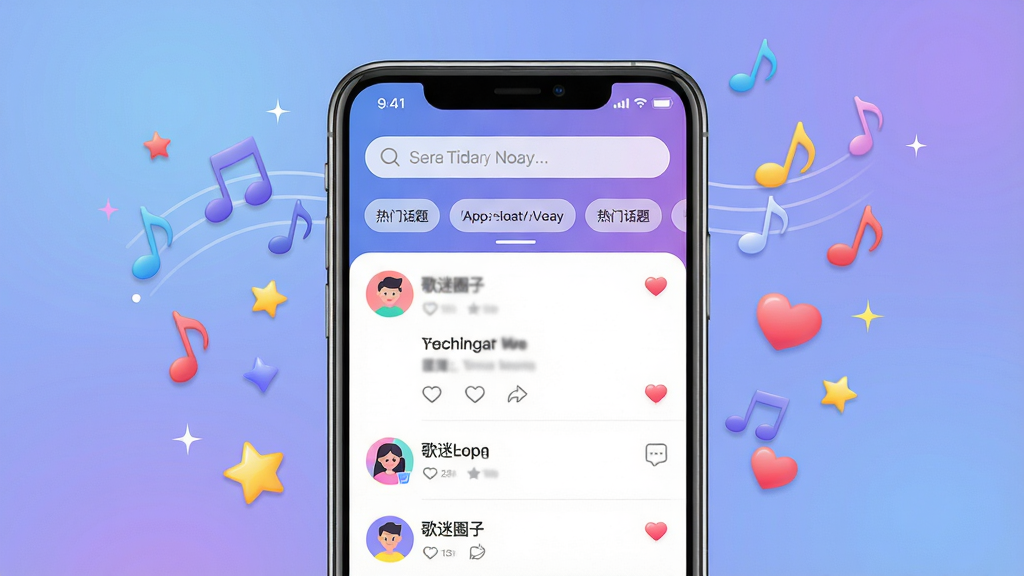 主体为一部亮着屏幕的智能手机,屏幕中显示“歌迷圈子”APP的社区首页,顶部有搜索栏和热门话题标签,下方是动态信息流,配以彩色头像和点赞图标。布局采用手机居中特写,周围漂浮着音符、星星、爱心等元素,背景为柔和的渐变蓝紫色。排版清晰,信息层级分明,风格现代活泼,细节包括屏幕内文字“歌迷圈子”清晰可读,画质高清干净,无多余元素。
