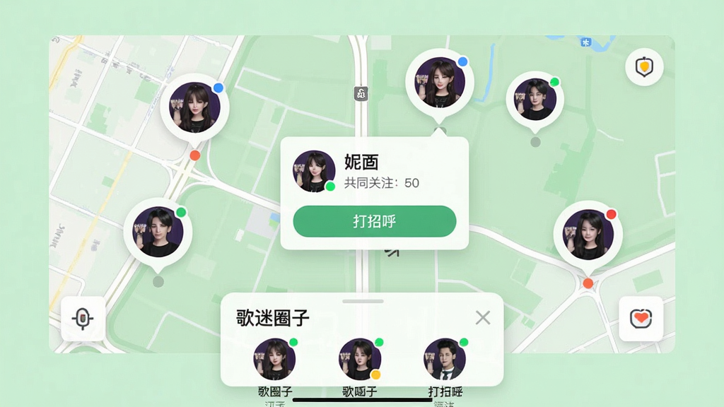 主体为手机地图界面,地图上分布着多个歌迷头像气泡,点击其中一个弹出资料卡,显示昵称、共同关注和“打招呼”按钮。布局采用地图全屏,底部悬浮窗展示“歌迷圈子”的匹配推荐列表,背景为浅绿色,风格简约清新,细节包括头像上有彩色在线状态点,画质高清干净,无多余元素。
