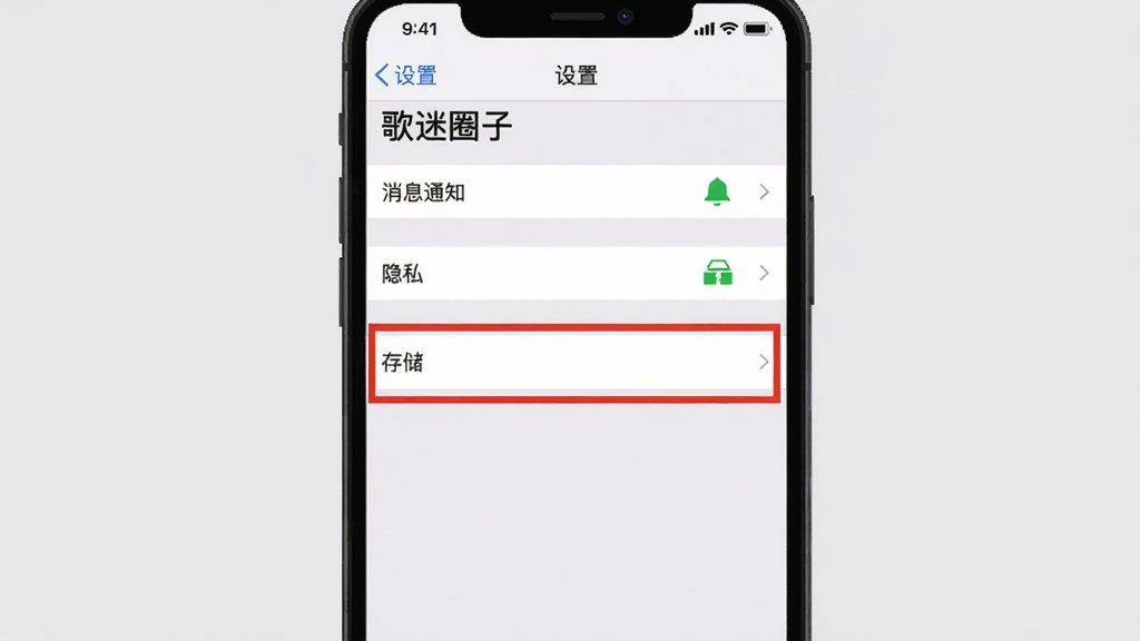 主体为手机截图展示“歌迷圈子”的设置页面,页面中有“消息通知”、“隐私”、“存储”等选项,其中一个选项被红色框选标注。布局为屏幕居中,背景为浅灰色,风格简洁,细节包括屏幕内文字“设置”和“歌迷圈子”字样,画质清晰干净,无多余元素。