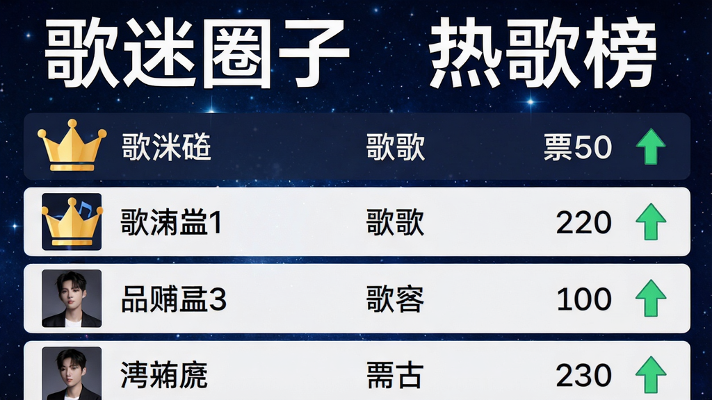 主体为一张音乐榜单截图,顶部是“歌迷圈子”和“热歌榜”字样,下方是歌曲列表,每行显示歌曲名、歌手、票数和上升箭头。布局采用列表式,背景为深蓝色星空风格,风格酷炫,细节包括榜单前三名有金色皇冠图标,画质清晰干净,无多余元素。