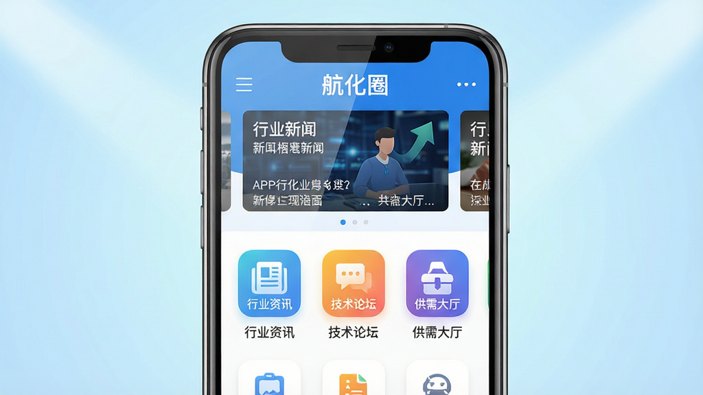 画面主体为一部智能手机屏幕占据视觉中心,屏幕内清晰展示“航化圈”APP的首页界面,界面风格简洁现代,以蓝色和白色为主色调,上方显示行业新闻轮播图,中间排列着“行业资讯”、“技术论坛”、“供需大厅”等彩色功能图标。布局采用手机居中、背景为淡蓝色渐变的光效,整体风格扁平化设计,细节包含屏幕反光质感,画质高清,干净无多余元素。