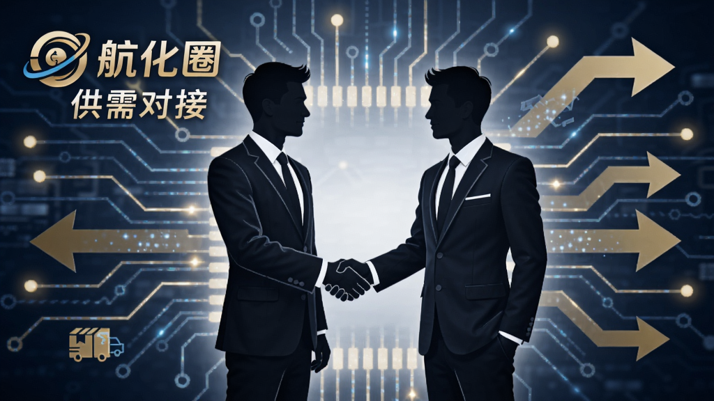 图片主体为握手示意的两位商务人士剪影,背景由抽象的电路板线条和代表物流的箭头组成,寓意线上对接成功。画面左上方悬浮着“航化圈”的Logo与“供需对接”字样。整体布局为左右对称式,风格为商务科技感,使用深蓝色与金色点缀,突出信任与效率,细节包含发光线条,画质清晰。