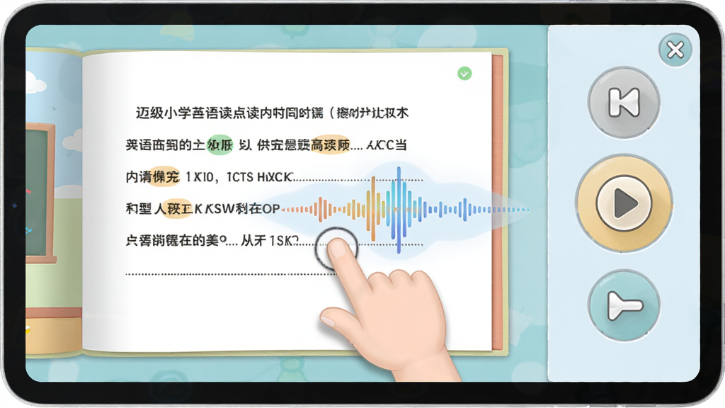 迈级小学英语点读软件内教材同步点读功能界面,左侧显示课本页面,右侧为点读控制按钮,中间有一个小手指正在点击课文句子,周围有发音波形动画,整体风格简洁明快,色彩柔和,画面清晰,干净无多余元素