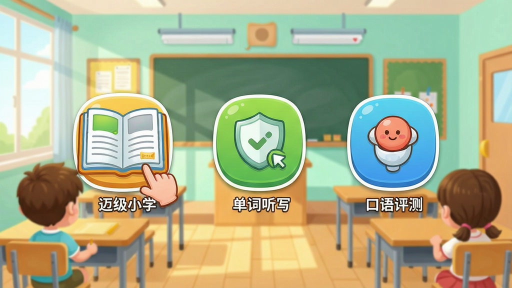 一张展示迈级小学英语点读软件主界面的高清截图,界面包含点读课本、单词听写、口语评测等主要功能图标,背景为明亮的教室场景,色调清新活泼,整体布局清晰,风格卡通可爱,画质细腻干净,无多余元素