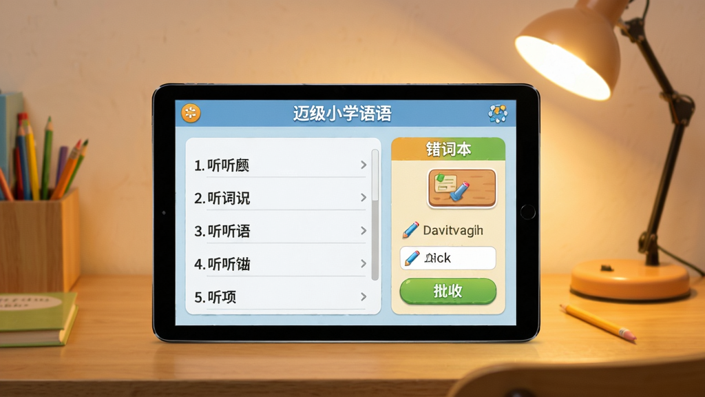 迈级小学英语点读单词听写功能界面,屏幕上显示听写列表和批改结果,旁边有错词本图标,背景为书桌和台灯,风格简洁实用,色调温暖,画质清晰,干净无多余元素