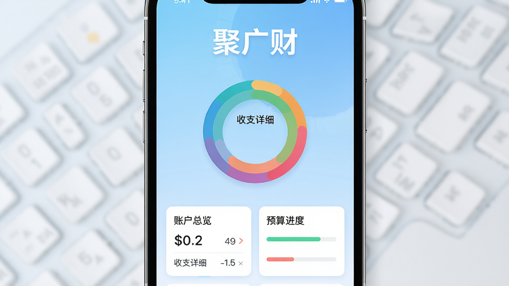 聚广财APP主界面展示,手机屏幕中央显示“聚广财”品牌LOGO与彩色环形图表,背景为浅蓝色渐变,界面布局以卡片式模块排列,包含收支明细、账户总览、预算进度条等元素,整体风格简洁现代,扁平化设计,明亮通透,画质高清,干净无多余元素