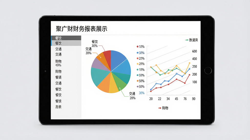 聚广财财务报表展示,平板电脑屏幕上显示彩色饼状图与折线图,图表旁标注“餐饮”“交通”“购物”等类别及百分比,背景为淡灰色,整体布局左右分栏,左侧为图表列表,右侧为详细数据,风格商务简约,色彩鲜明,画质高清,无多余元素