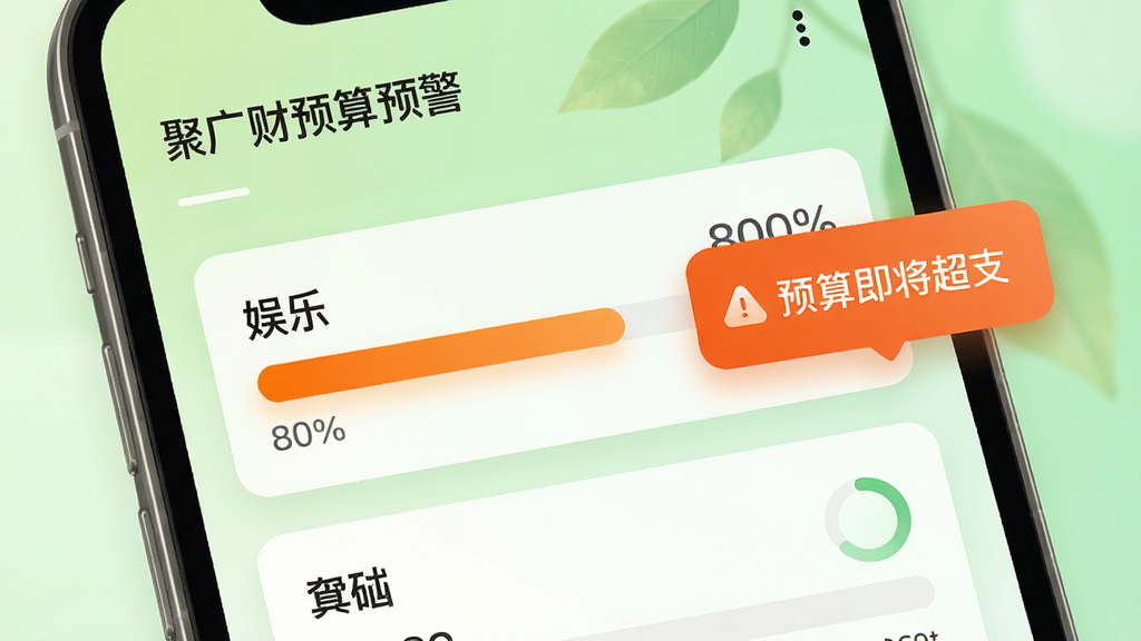 聚广财预算预警界面,手机界面显示各分类预算进度条,其中“娱乐”类别进度条已超过80%变为橙色,并弹出“预算即将超支”的提示气泡,背景为浅绿色渐变,卡片式排布,风格清新自然,细节精致,画质清晰,无多余元素