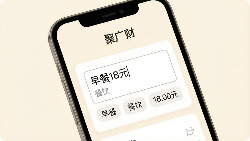 聚广财智能记账功能演示,手机界面展示输入框内文字“早餐18元”自动识别为餐饮分类,下方标签展示“早餐”“餐饮”“18.00元”等字样,背景为柔和米白色,卡片式布局,上方有“聚广财”字样,整体风格清爽简约,细节丰富,画质清晰,无多余元素