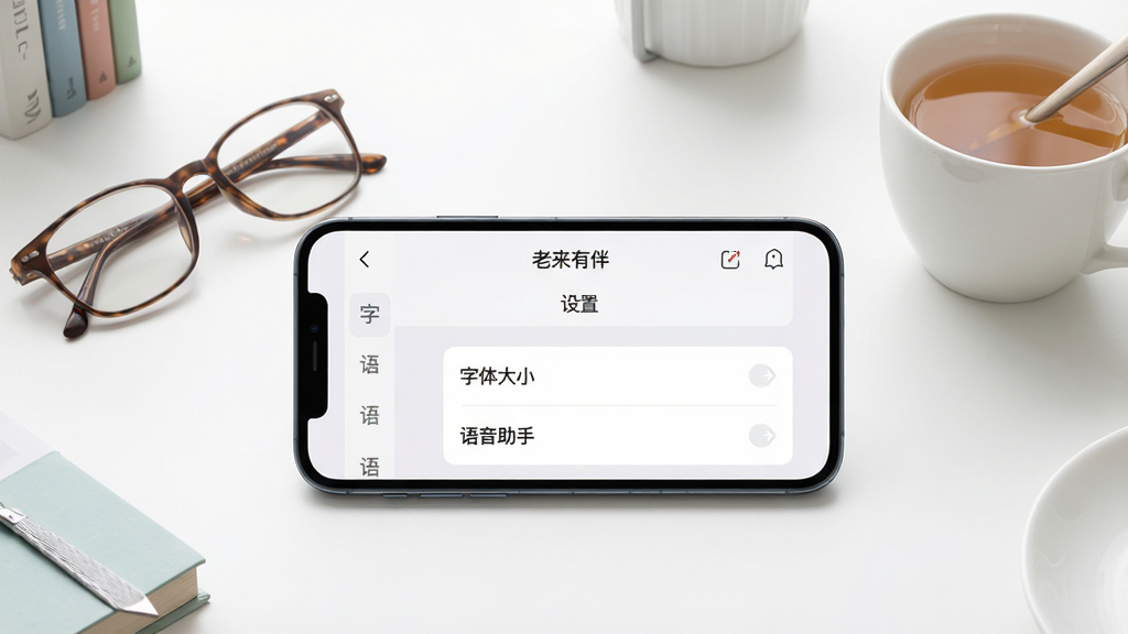 主体:一部智能手机横屏显示“老来有伴”应用界面,旁边放着老花镜和一杯茶,背景是整洁的桌面。布局:手机居中,周围有辅助道具。排版:界面显示“设置”菜单,有“字体大小”、“语音助手”选项。风格:简洁产品摄影风格,明亮通透。细节:手机屏幕上有“老来有伴”字样,清晰可见。画质:超清,干净,无多余元素。