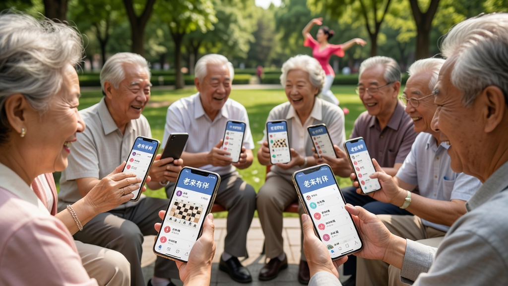 主体:一群老年人在公园里围坐在一起,各自拿着手机,屏幕显示“老来有伴”的社群页面,他们正在热烈讨论。布局:人群呈圆弧形分布,背景是绿树成荫的公园。排版:手机界面简洁,社群列表清晰。风格:写实摄影风格,阳光明媚。细节:手机屏幕上有“老来有伴”字样,老人们面带笑容,有下棋、跳舞等元素。画质:高清,干净,无多余元素。
