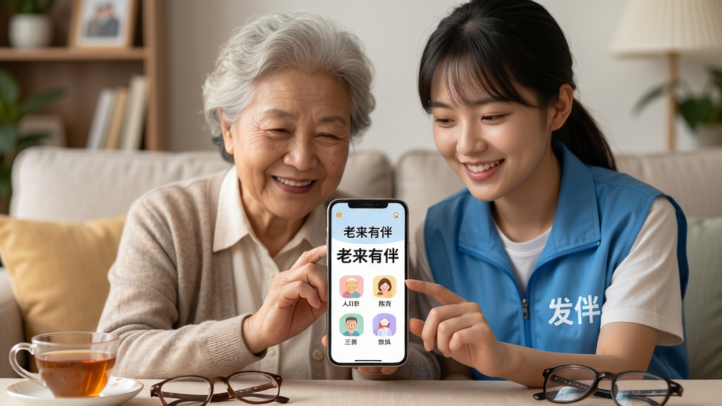 主体:一位慈祥的老年人和一位年轻志愿者一起使用智能手机,屏幕上显示“老来有伴”应用界面,两人笑容满面。布局:人物居中,手机屏幕朝向前方,背景为温馨的客厅。排版:界面简洁,图标清晰,文字标签使用大号字体。风格:写实生活摄影风格,色彩柔和温暖。细节:手机屏幕上有清晰的“老来有伴”字样,周围有茶杯、老花镜等道具。画质:高清,干净,无多余元素。