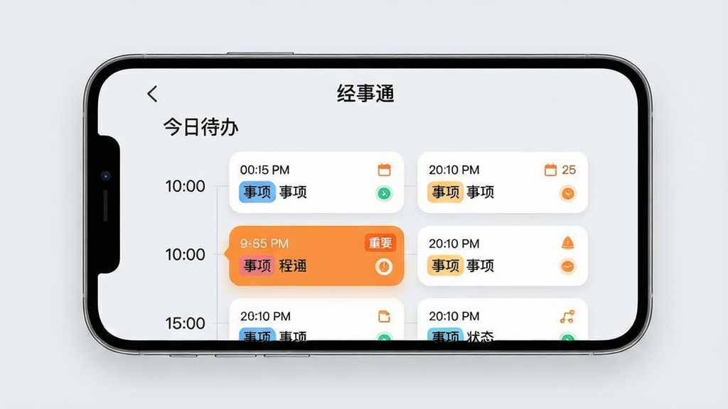 主体:手机横屏界面展示“经事通”的日程管理页面,上方有“今日待办”字样,下方按时间轴排列着彩色标签的日程卡片。布局:界面居中展示,卡片式布局,左右对称,背景为淡灰色。排版:时间轴清晰,卡片间距均匀,字体大小适中。风格:简洁商务风格,带有轻微的圆角设计,色调以白色、蓝色和橙色为主。细节:每张卡片显示时间、事项名称和状态图标,其中一条卡片被高亮显示,带有“重要”标签。画质:细腻清晰,干净,无多余元素。