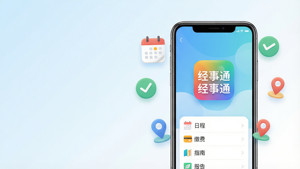 主体:一部亮着屏幕的智能手机,屏幕中央显示“经事通”APP的彩色图标与名称,周围环绕着简洁的日历、对勾、定位图钉等小图标。布局:手机位于画面中央偏右,左侧留有留白,背景为柔和的浅蓝到白色渐变。排版:手机与图标比例协调,四周留白得当,视觉重心平稳。风格:扁平化现代设计风格,色彩明快清新,符合实用工具类应用的调性。细节:屏幕界面显示清晰的功能列表,如“日程”、“缴费”、“指南”等字样,图标线条圆润,质感细腻。画质:高清渲染,干净,无多余元素。