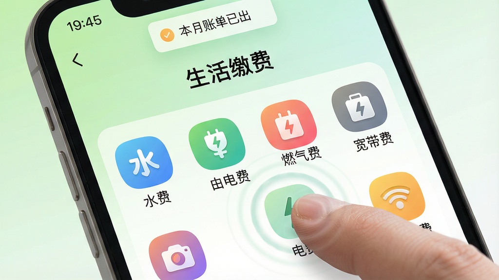 主体:手机屏幕展示“经事通”的生活缴费界面,上方显示“生活缴费”标题,下方排列水费、电费、燃气费、宽带费等彩色图标按钮。布局:图标以网格形式均匀排布,背景为浅绿色到白色的渐变。排版:图标下方带有中文名称,整体对齐工整。风格:清新自然风格,颜色柔和明亮,突出生活化气息。细节:其中一个“电费”图标被手指点按状态,周围有淡淡的涟漪效果,顶部显示“本月账单已出”的提示条。画质:高分辨率渲染,干净,无多余元素。