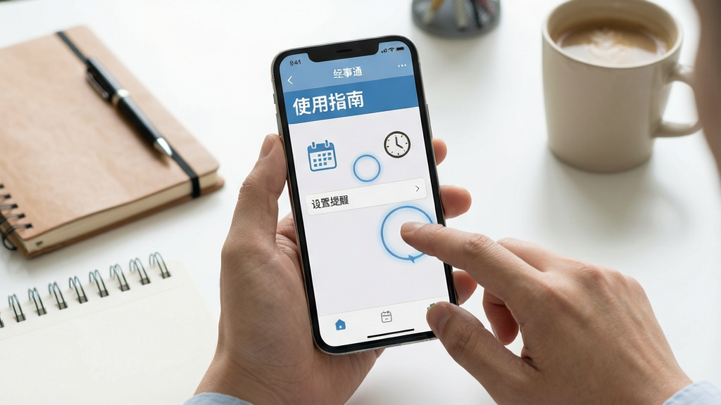 主体:一双手正在操作手机,手机屏幕显示“经事通”的日程编辑页面,上方有“使用指南”标题。布局:双手持机姿势自然,手机位于画面中央,背景为整洁的办公桌,有笔记本和咖啡杯。排版:手机屏幕清晰可读,手指点击位置有高亮圈。风格:写实摄影风格,光线明亮柔和,色彩自然。细节:屏幕显示“设置提醒”选项,周围有日历图标和时钟图标。画质:高清,干净,无多余元素。