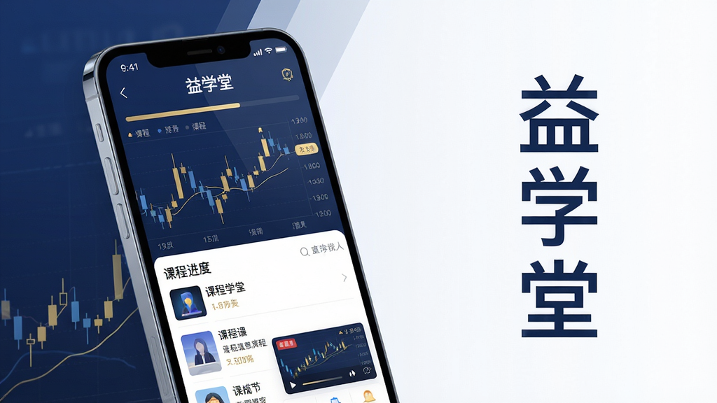 主体:一部亮着屏幕的智能手机,屏幕上显示“益学堂”APP界面,界面内有K线图、课程列表和直播窗口。布局:手机位于画面中央偏左,右侧留白放置“益学堂”三个字竖排文字。排版:手机屏幕内容清晰可辨,文字与图表分布合理。风格:现代简约的科技感插画风格,色调以深蓝和金色为主,体现金融与专业的质感。细节:手机边缘有细微反光,屏幕内模拟出课程进度条和股票走势线条。画质:高清,干净,无多余元素。