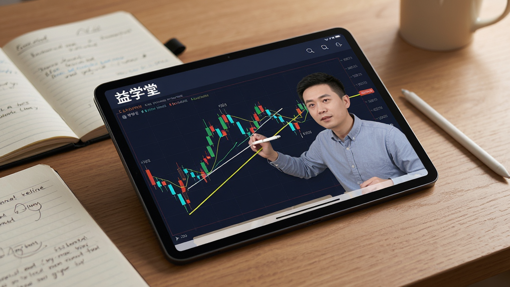 主体:一个平板电脑横屏展示,屏幕上正在播放“益学堂”的K线技术分析视频课程,讲师正在画线讲解。布局:平板电脑斜放在桌面上,周围散落着几本笔记和一支触控笔。排版:屏幕上的K线图清晰,讲师标注的线条醒目。风格:写实风格,光线柔和,场景有居家学习的温馨感。细节:平板电脑的边框、桌面的木纹和笔记本的纸质质感清晰可见。画质:高清,干净,无多余元素。